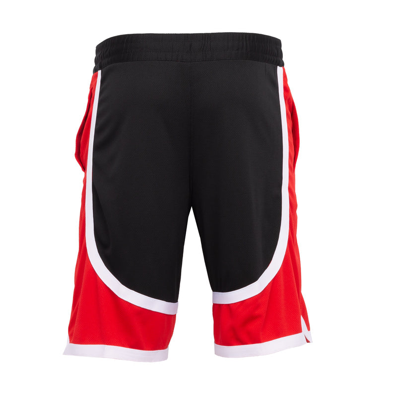 Men's contrast-tape shorts in black with red panels and white trim, elastic waistband