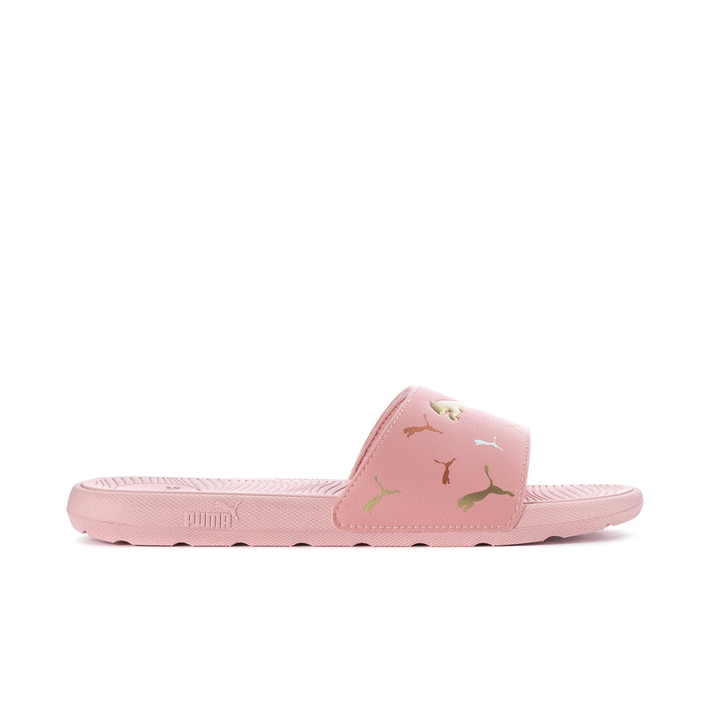 Women's pink slip-on slides with Puma logo and multicolor cat pattern
