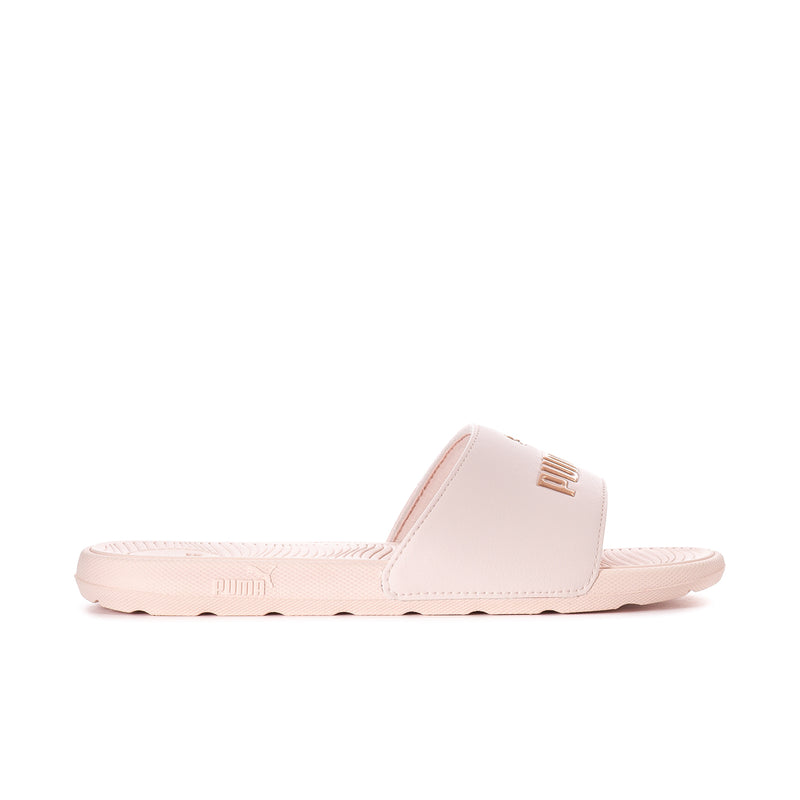 Women's pink slide sandals with single strap and gold Puma logo