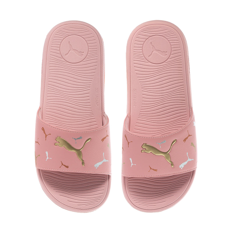 Women's pink slides, top view of two sandals, cat pattern strap