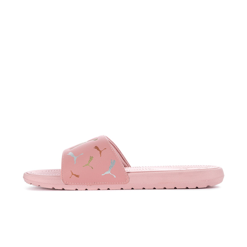 Women's pink slip-on slides with cat-print strap and cushioned sole