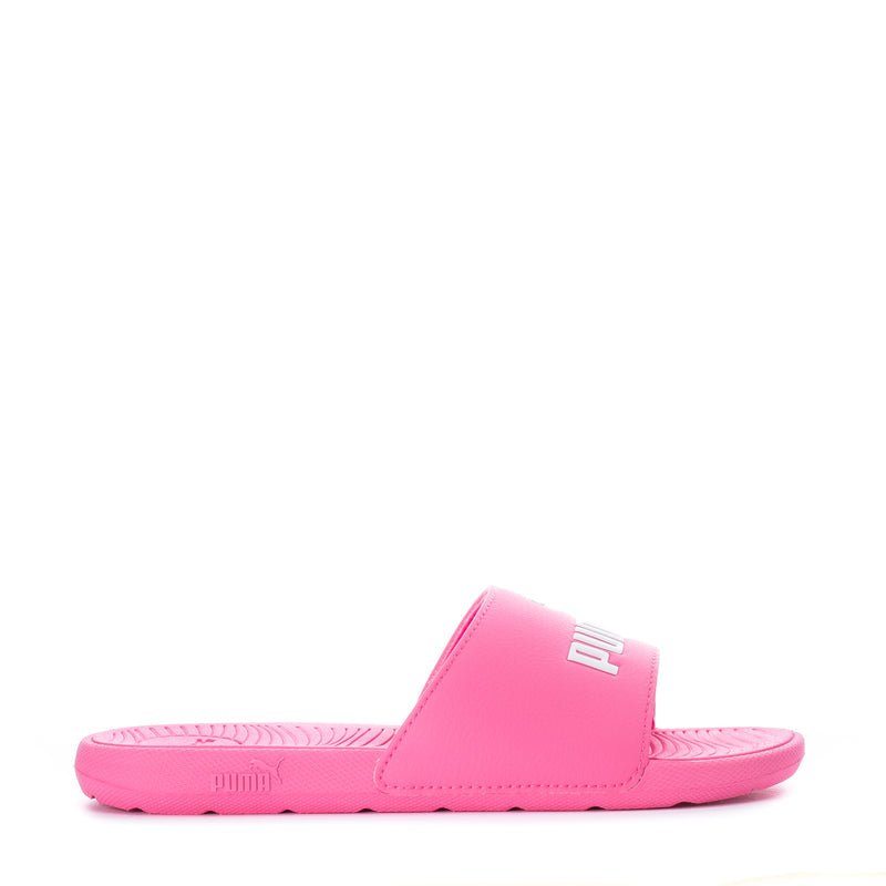 Kids hot pink slide sandals with white footbed and cushioned sole