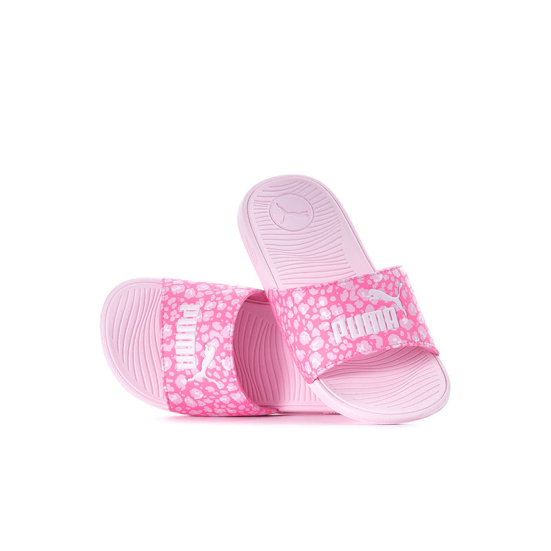 Kids pink slide sandals with open heel, patterned band, textured footbed