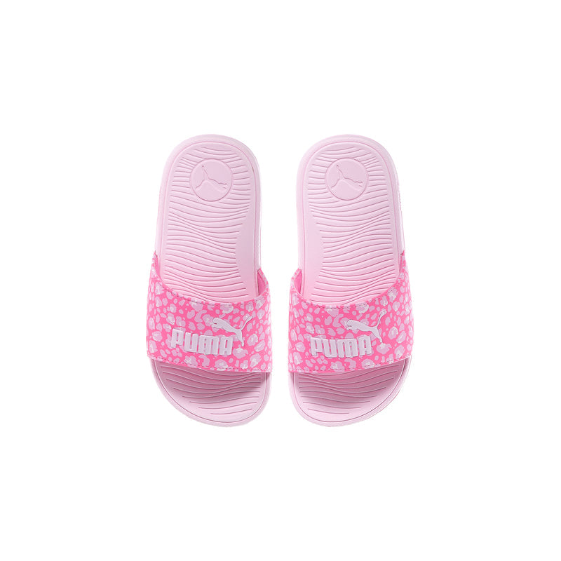 Pair of kids pink slide sandals with molded footbed and PUMA logo branding