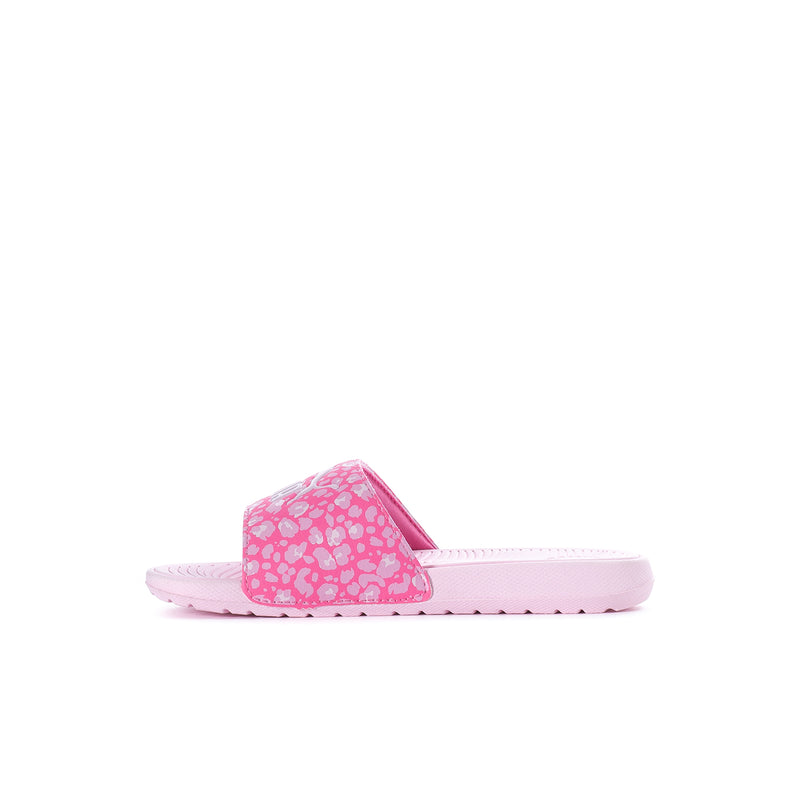 Kids pink-and-white printed slide sandal side view with open heel and cushioned sole
