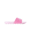 Youth slide sandals with pink patterned strap and white midsole.