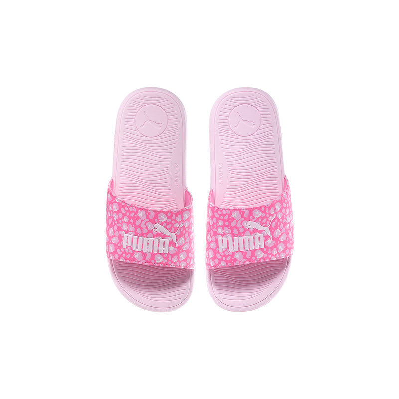 Youth slide sandals pair showing pink soles and Puma logo on straps.