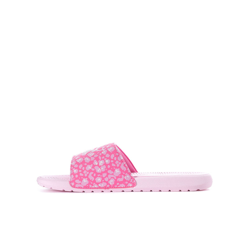 Youth slide sandals with pink patterned upper and white slide sole.