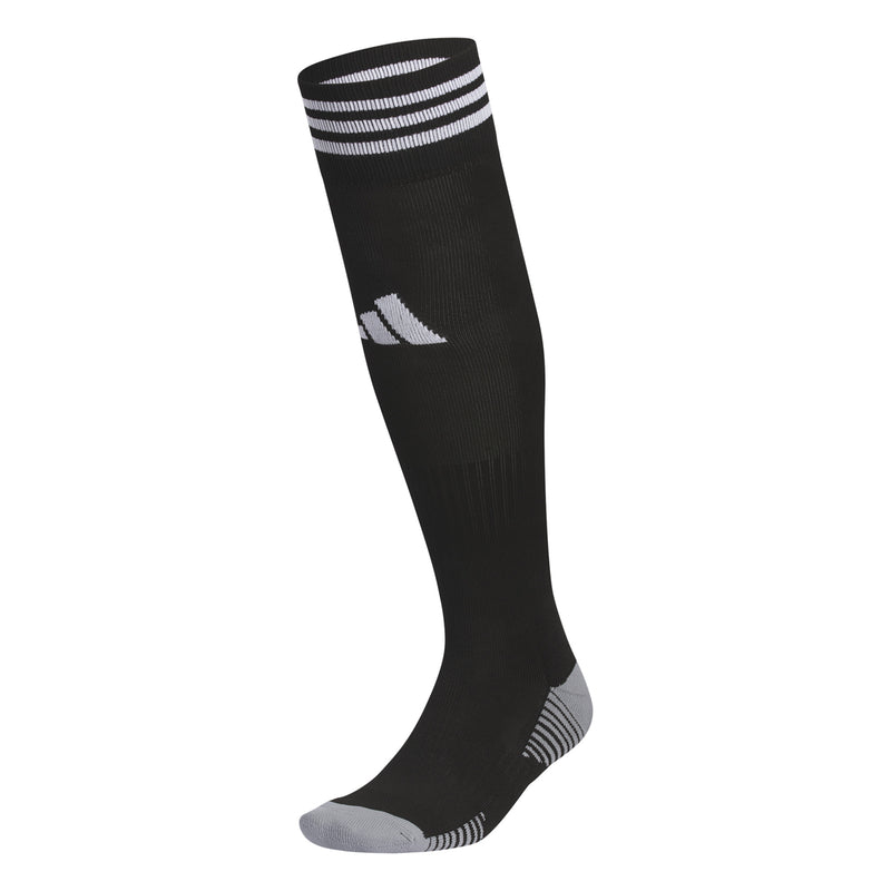 Black over-the-calf socks with white stripes and cushioned foot, extra small
