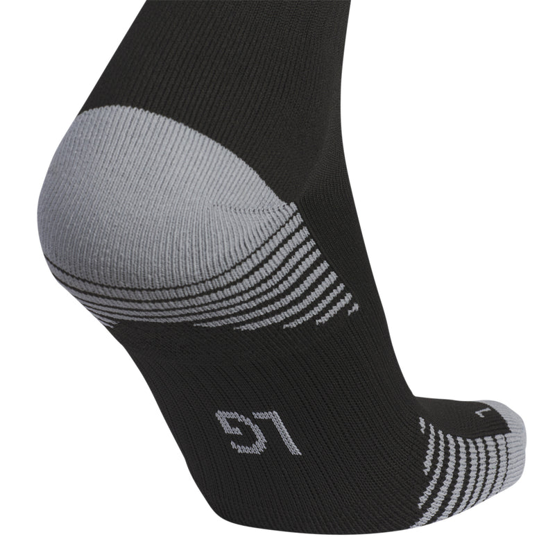 Black over-the-calf sock with gray toe, cushioned sole, and white stripe pattern