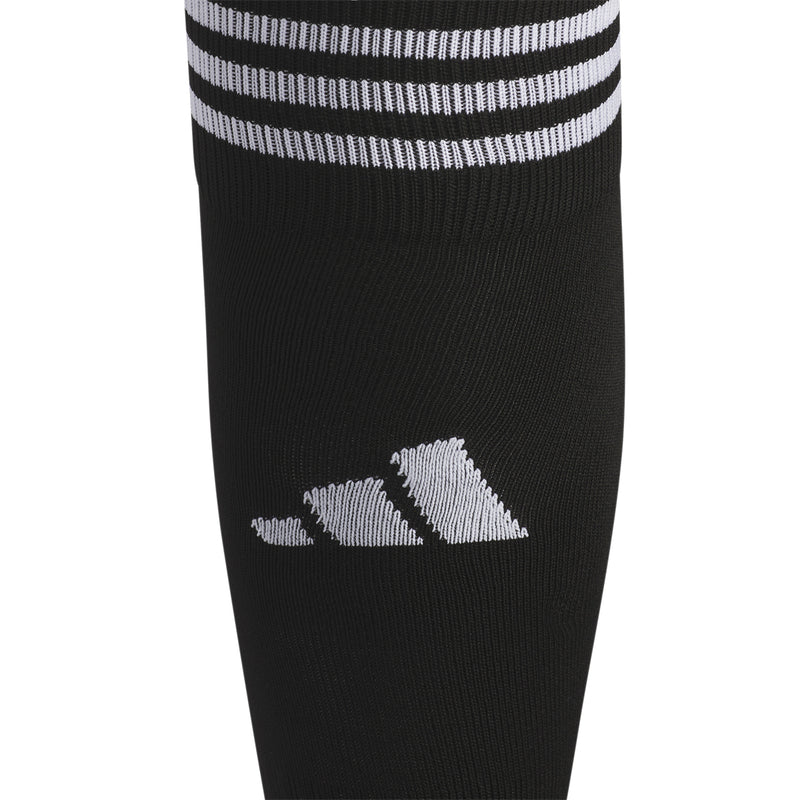 Black over-the-calf sock with white ribbed bands at top and white logo on calf