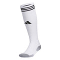 White and gray cushion crew socks with black stripes and logo at the cuff