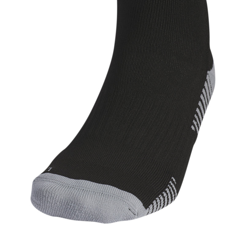 Black OTC sock with white side stripes; gray toe cap and knit texture