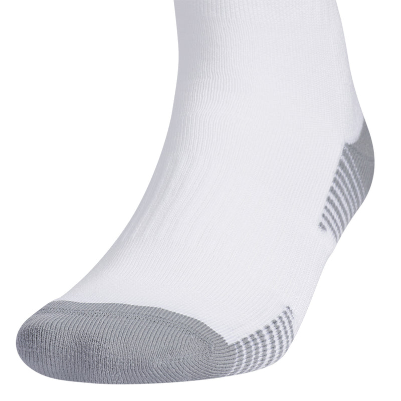 White crew sock with gray heel pad and striped ribbed pattern on the ankle