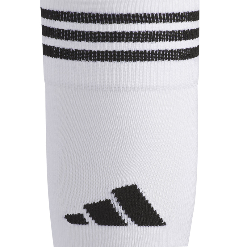 White OTC crew sock with black ribbed cuff stripes and black logo at side