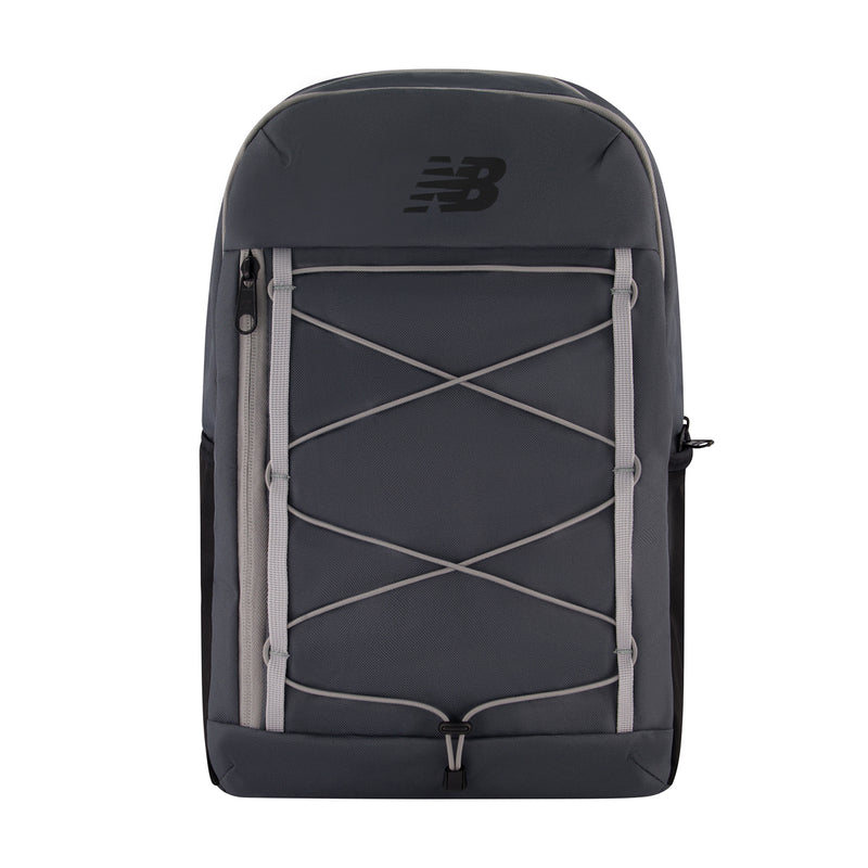 Graphite cord backpack with front X webbing and top zipper pocket.