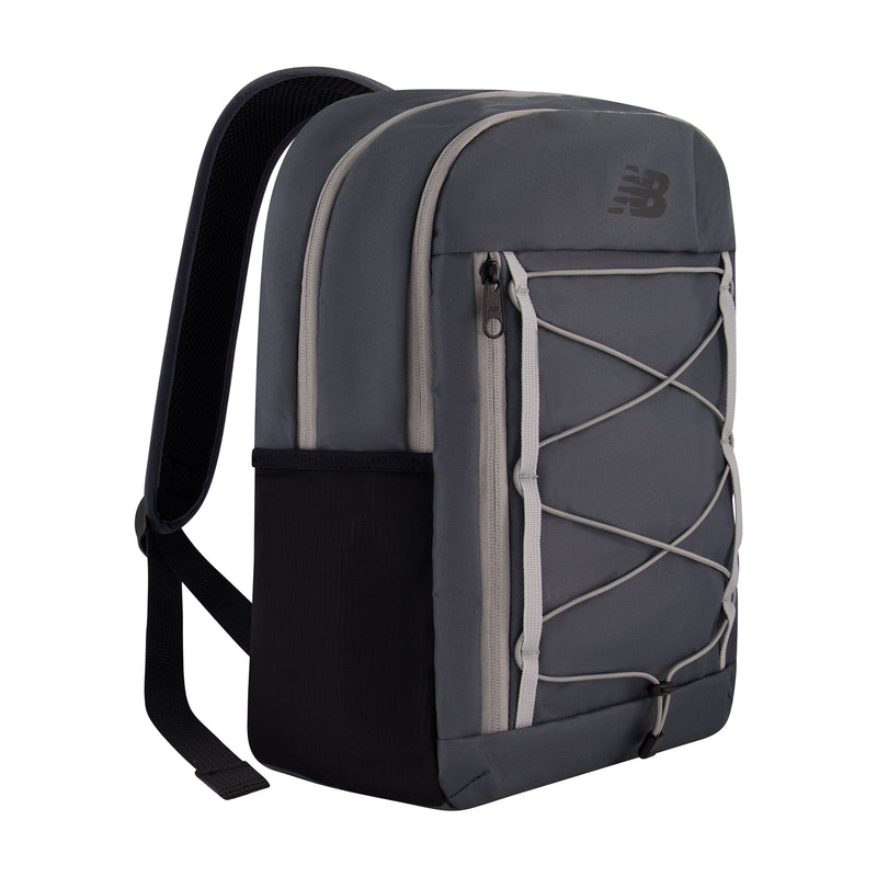 Graphite cord backpack side view with front pocket, webbing straps, and zipper.