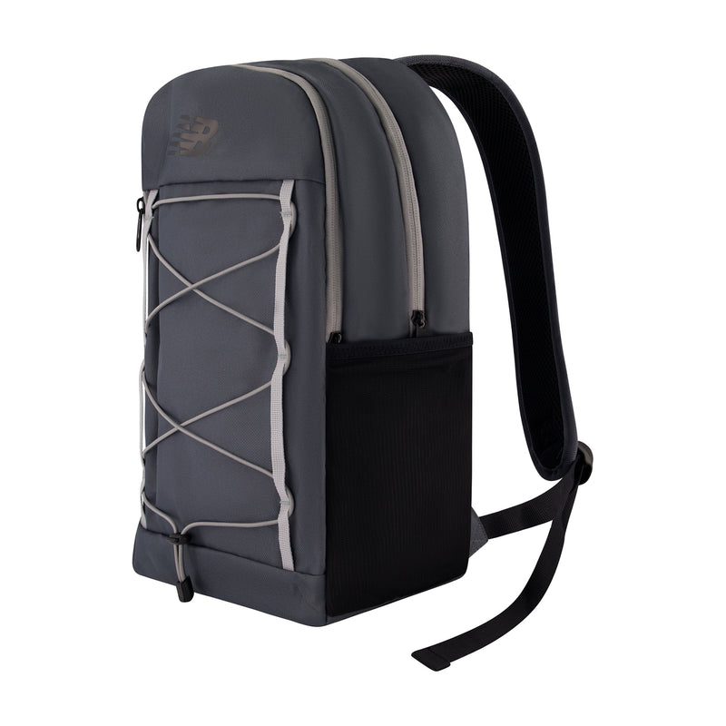 Graphite cord backpack three-quarter view with front pocket and shoulder strap.
