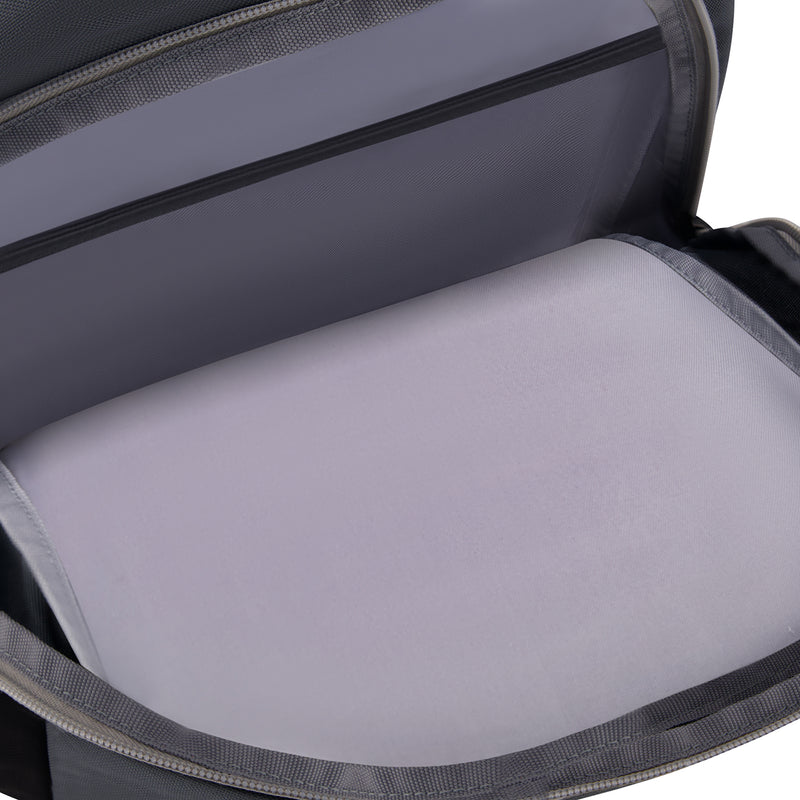 Graphite cord backpack interior with gray lined compartment and zipper trim.