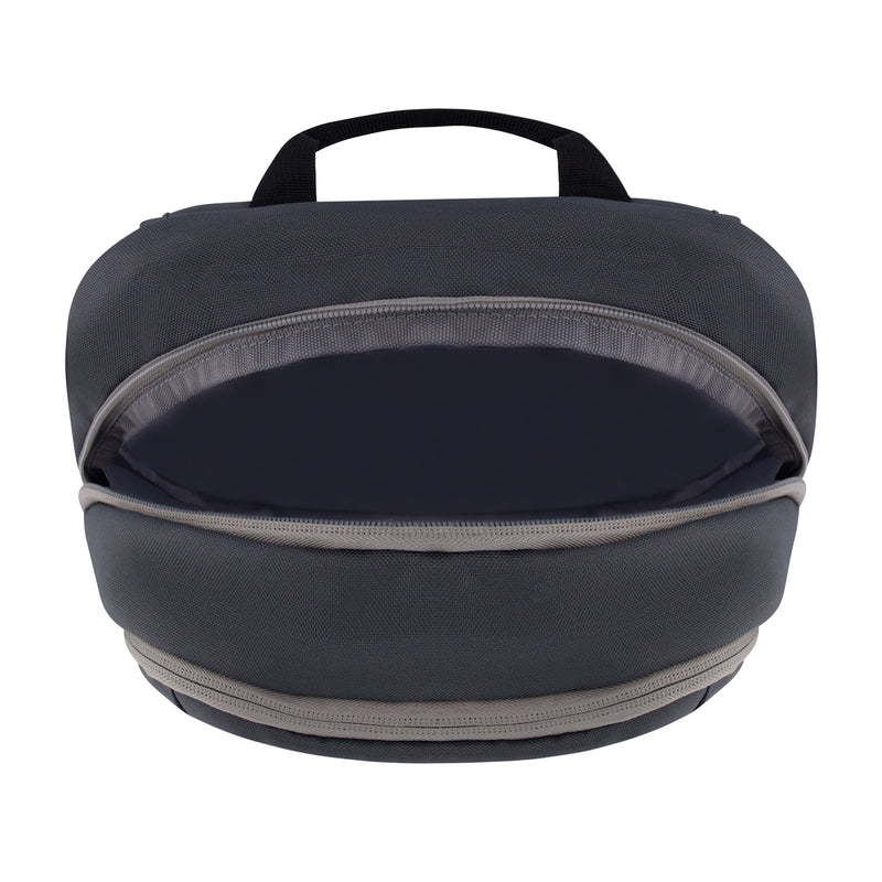 Graphite cord backpack top view with curved handle and zippered opening.