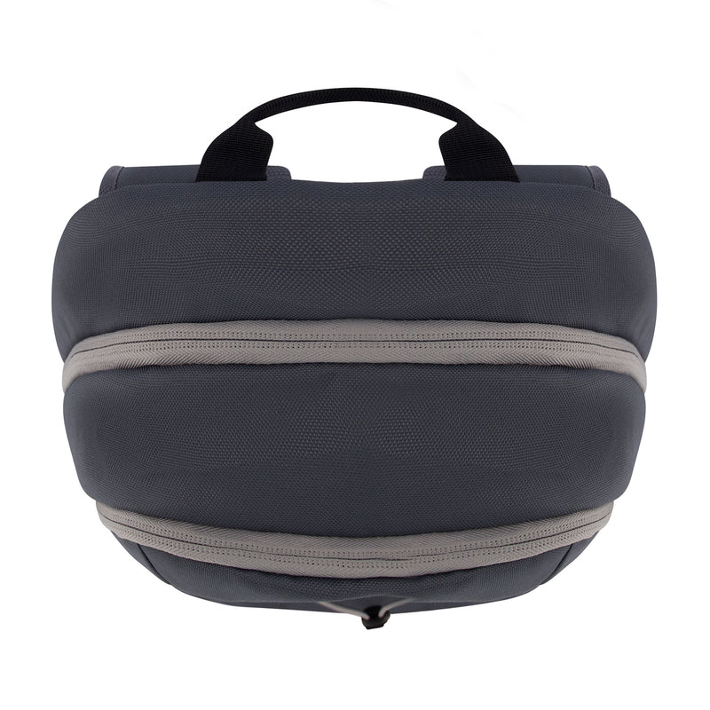 Graphite cord backpack back top view with handle and front zipper closure.