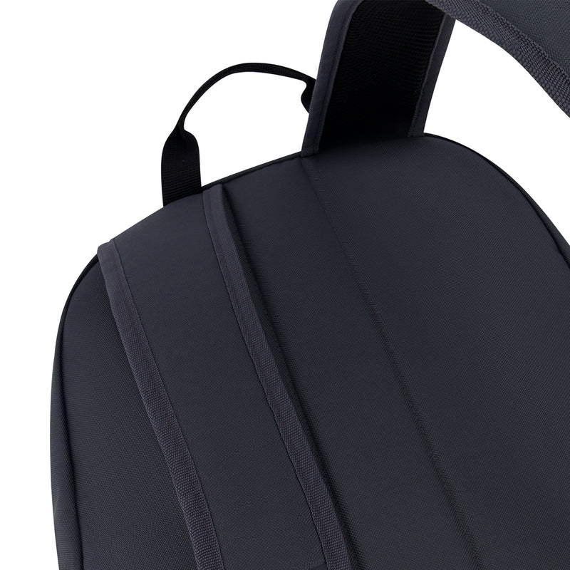 Graphite cord backpack close-up of padded shoulder straps and back panel.