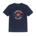 Youth navy T-shirt with Converse All Star logo patch in red and orange on chest