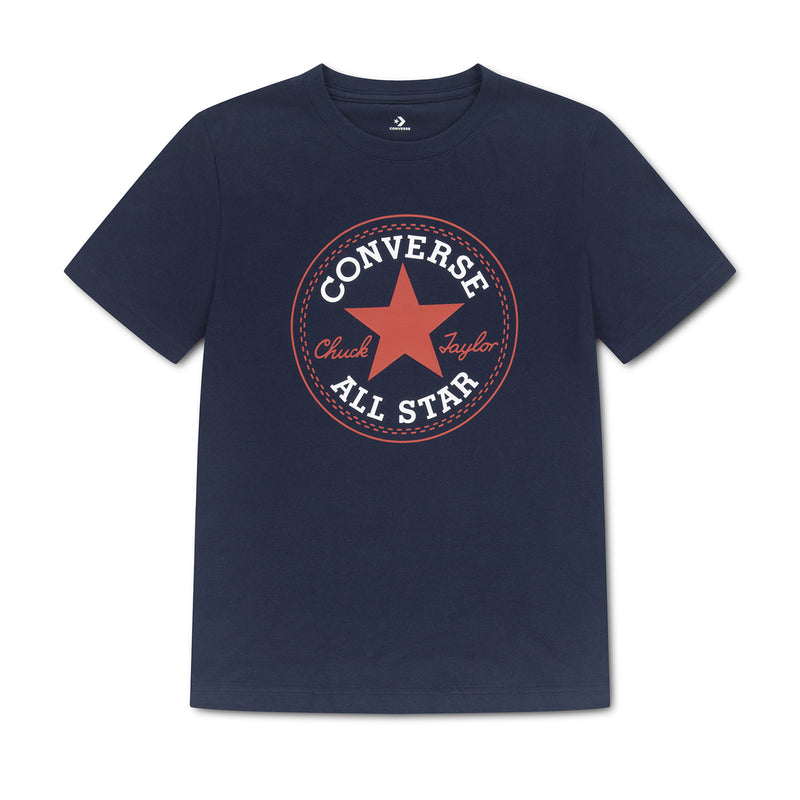 Youth navy T-shirt with Converse All Star logo patch in red and orange on chest