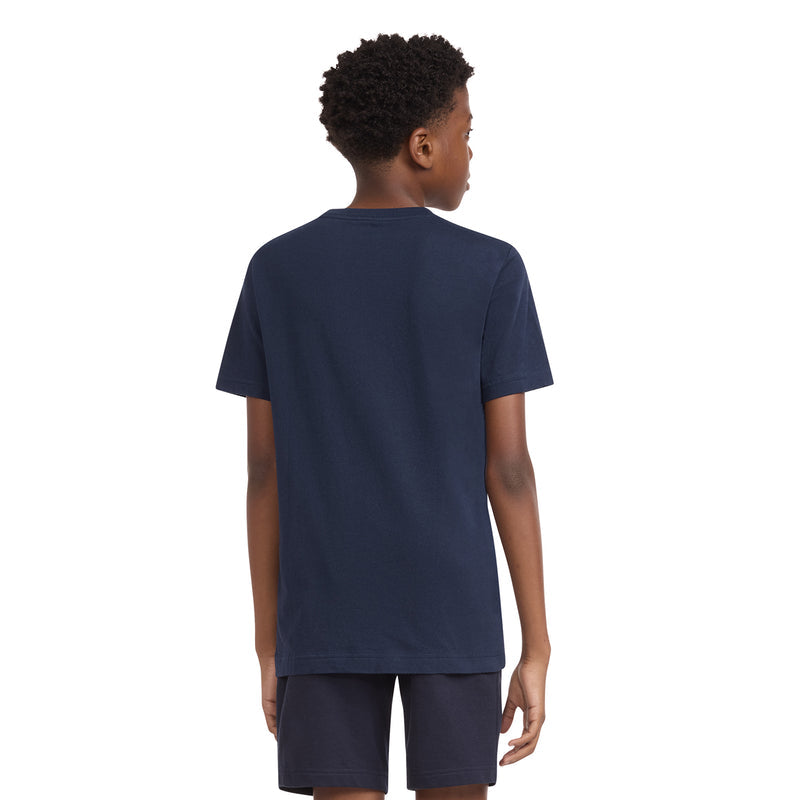 Youth navy T-shirt back view with crew neck and short sleeves on child model