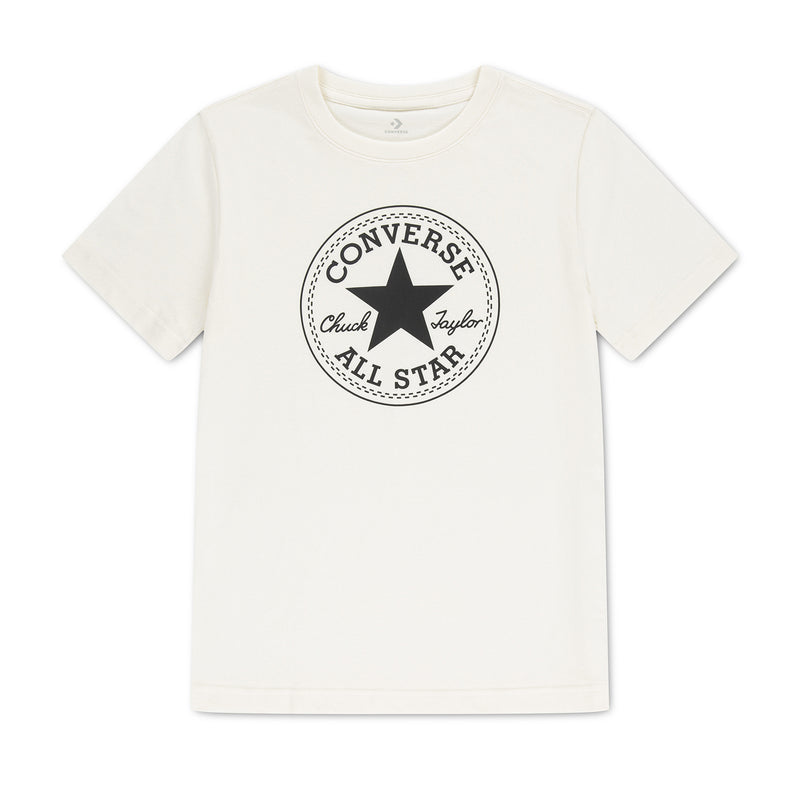 Youth off-white T-shirt with Converse All Star Chuck Taylor front patch logo