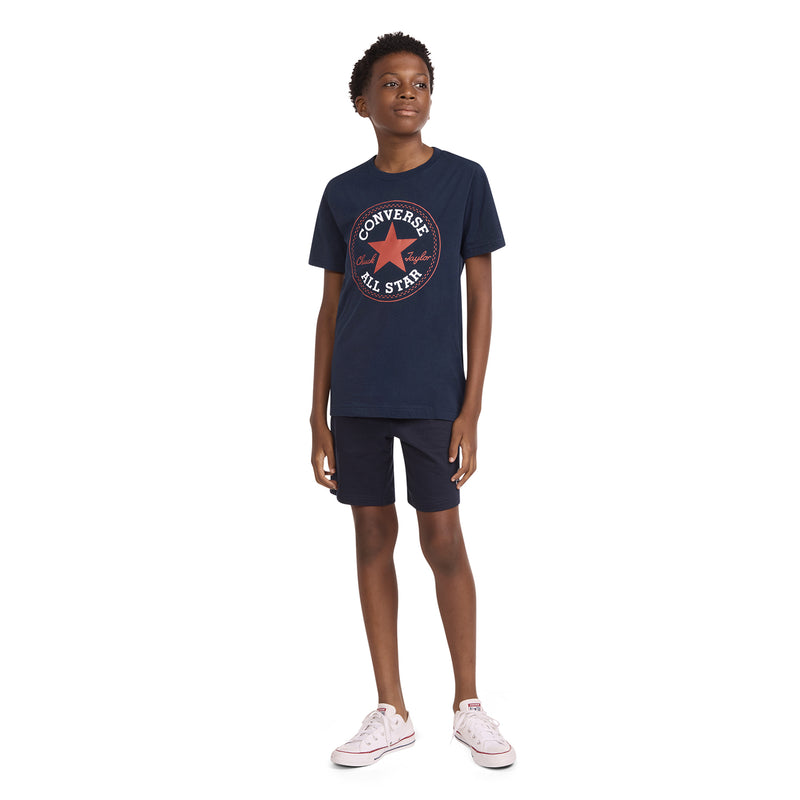 Youth navy graphic T-shirt with Converse All Star emblem in red/orange on chest