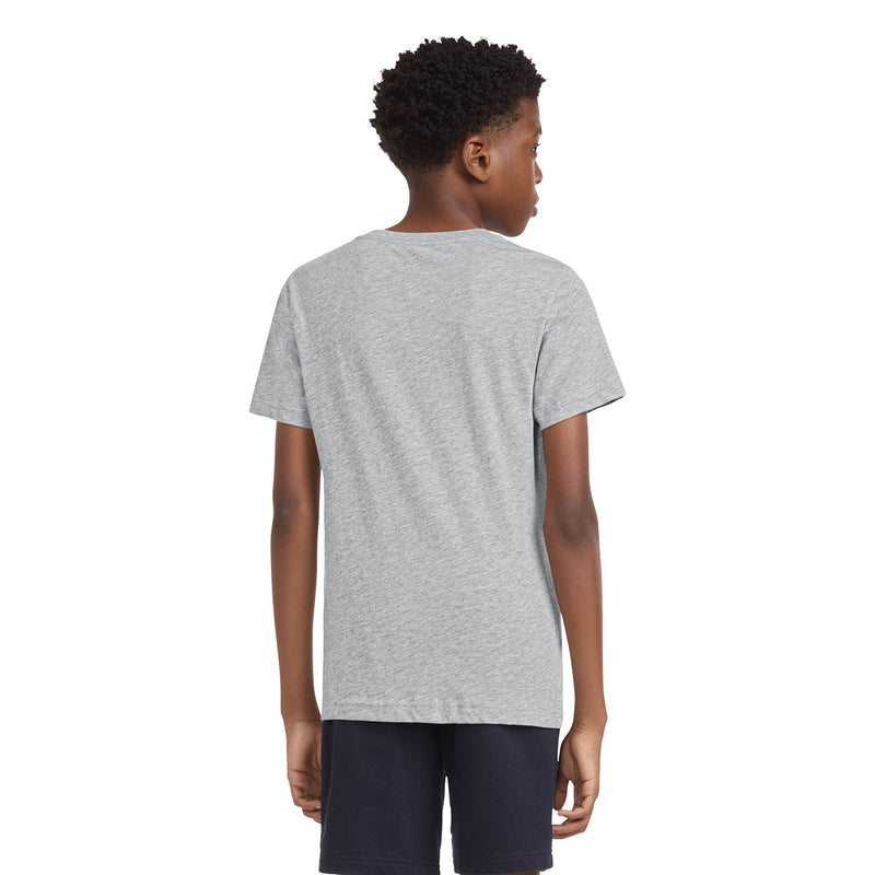 Youth dark grey heather T-shirt back view, plain jersey knit