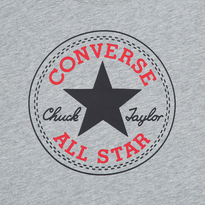 Youth dark grey heather T-shirt with Converse Chuck Taylor All Star logo close-up
