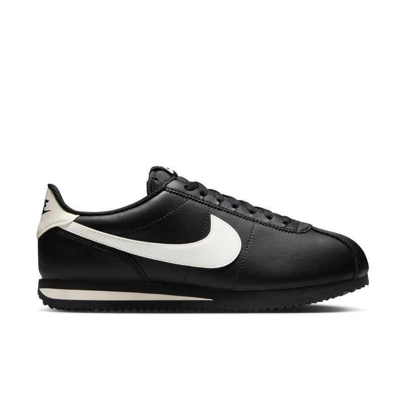 Women's NIKE Cortez sneakers, black leather with white swoosh and lace-up front