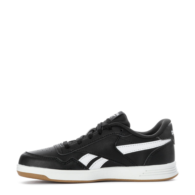 Kids black low-top sneakers with white stripes, lace-up front, and gum sole