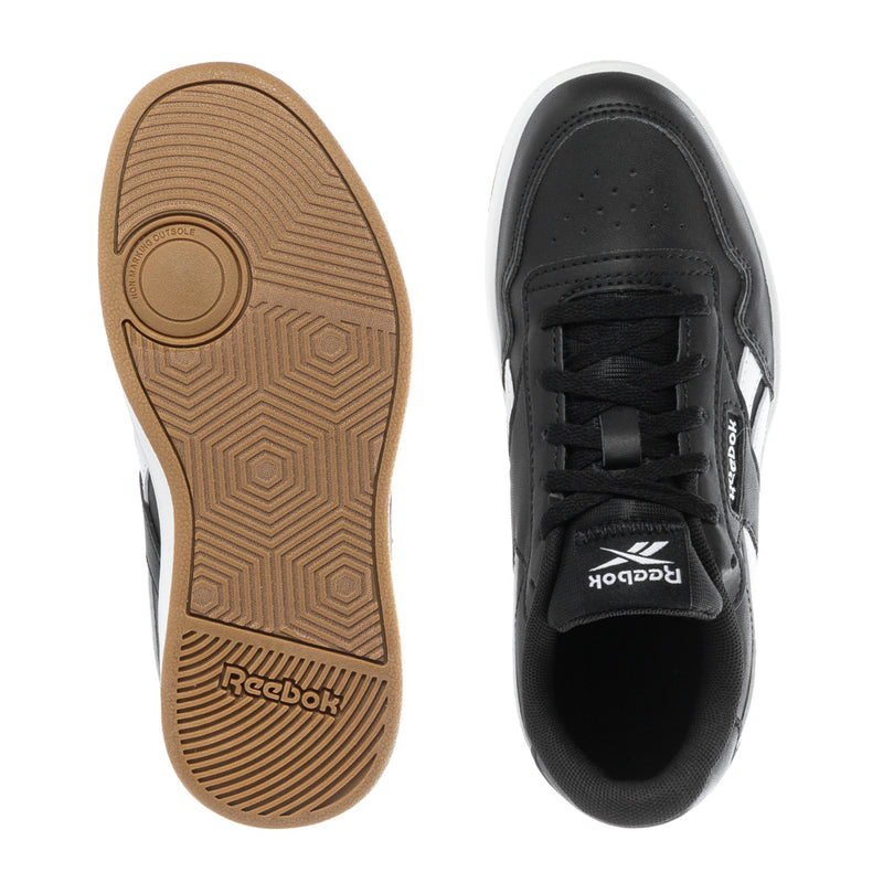 Kids sneaker outsoles with brown gum tread and black lace-up uppers