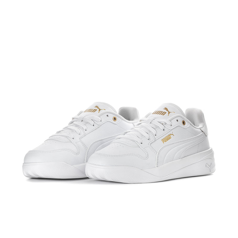 White Puma court sneakers, front view, lace-up with gold eyelets