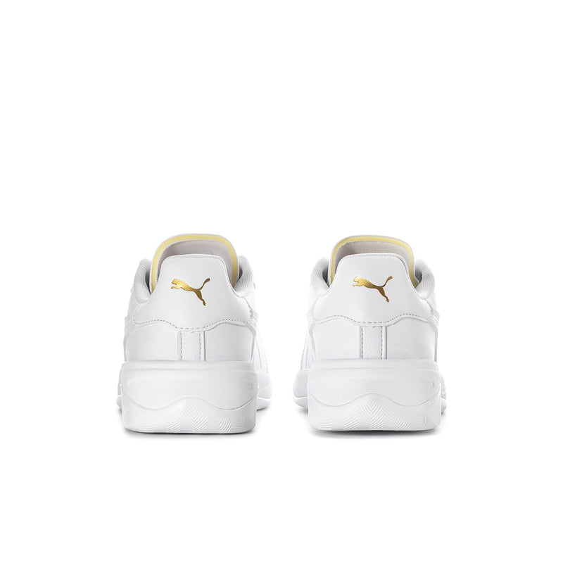 White Puma court sneakers, heel view with gold Puma logo