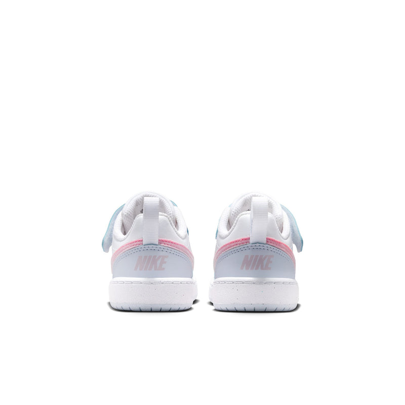 Kids low-top sneakers, white with light blue heel accents and Nike logo on back
