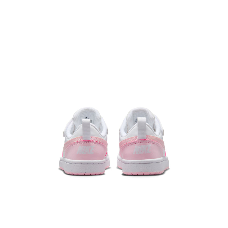 Kids low-top sneakers, heel view in white with pink trim and adjustable strap