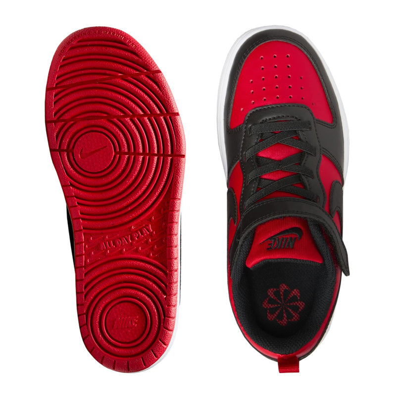 Kids sneaker outsole with red tread and shoe interior showing black and red upper