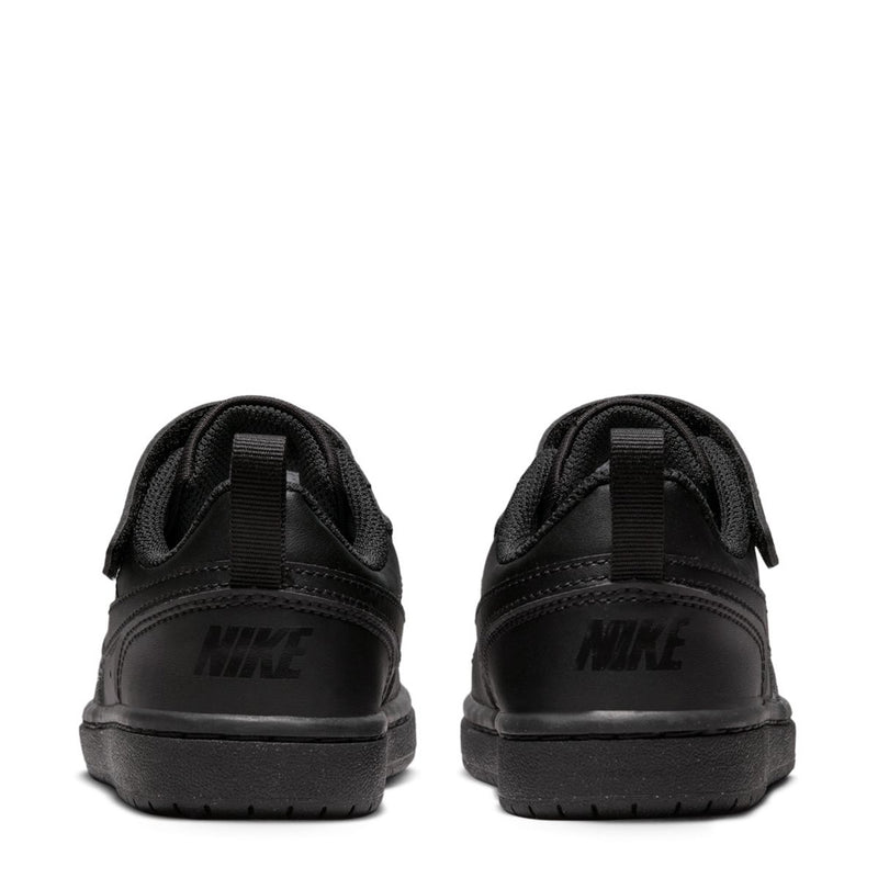 Kids black low sneakers, heel view with padded collar and Nike logo on back