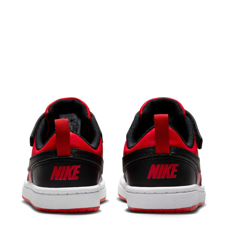 Kids sneakers heels in red, black, and white with Nike logo on the back