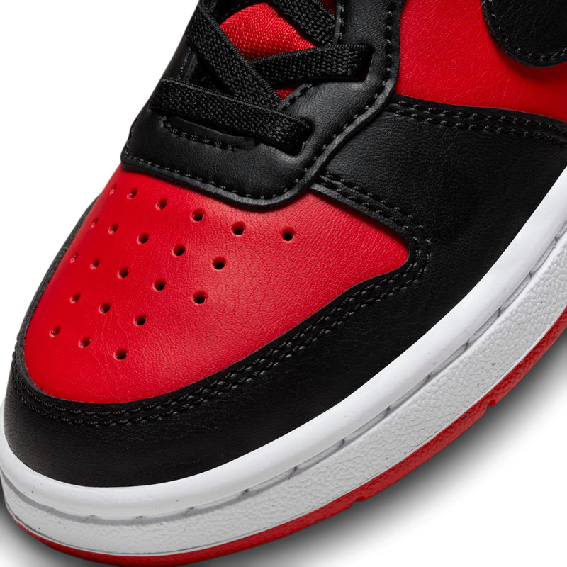 Kids sneaker toe panel, red leather with perforations and black leather overlay