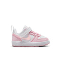 Toddler low-top sneakers, white and pink with hook-and-loop straps and padded collar.