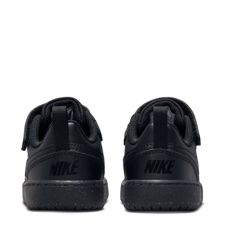 Black toddler sneakers heel view with Nike logo and padded collar