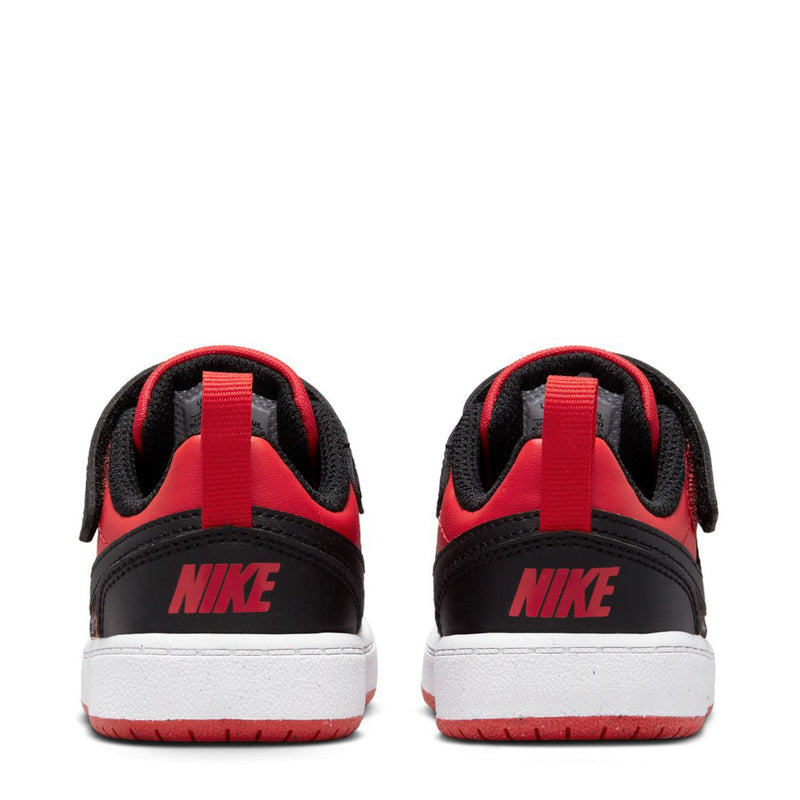 Toddler sneakers in red and black with NIKE logos on back and white midsoles