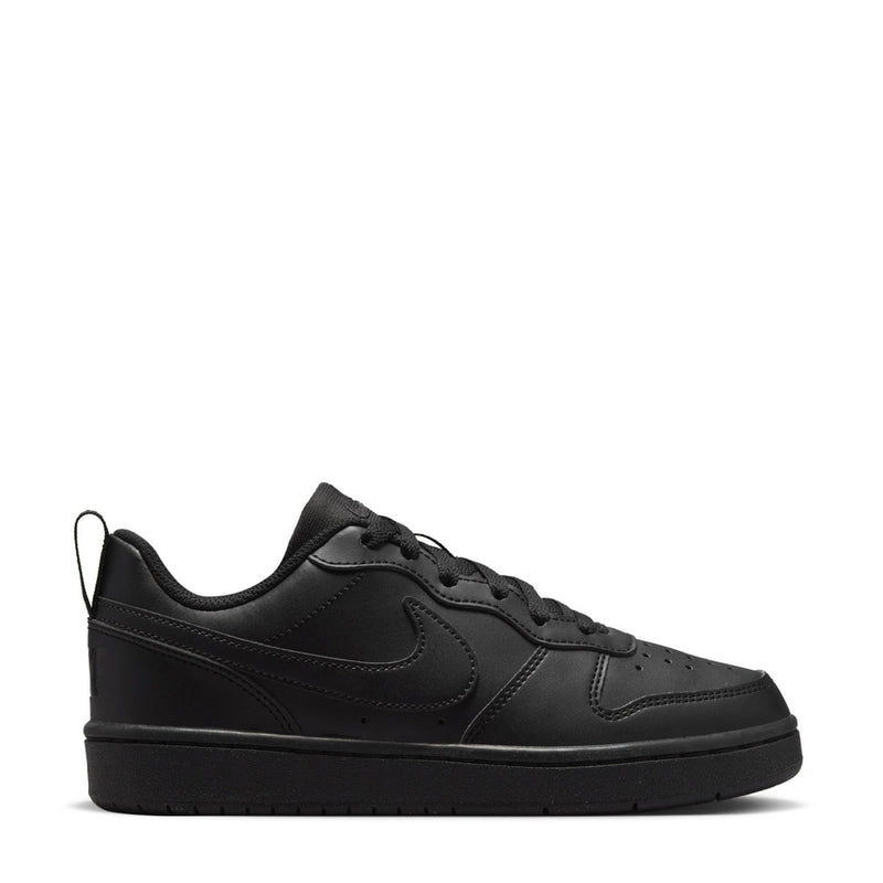 Youth low-top sneaker in black with lace-up front and Nike swoosh on the side.
