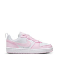 Youth low-top sneakers in white with pink accents, pink swoosh and lace-up closure
