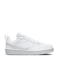 Youth white low-top sneaker with side swoosh and lace-up design